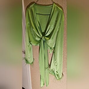 Satin Lime Green Tie-Front Crop Top with Feather Cuffs